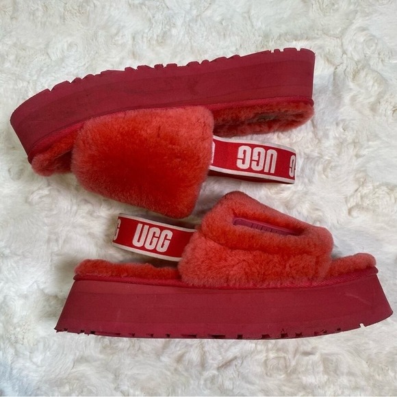 UGG Disco Slides Sandals Pink Cloud Sheepskin Fluff Fur‎ Slingback Strap Logo 7 - Picture 6 of 15